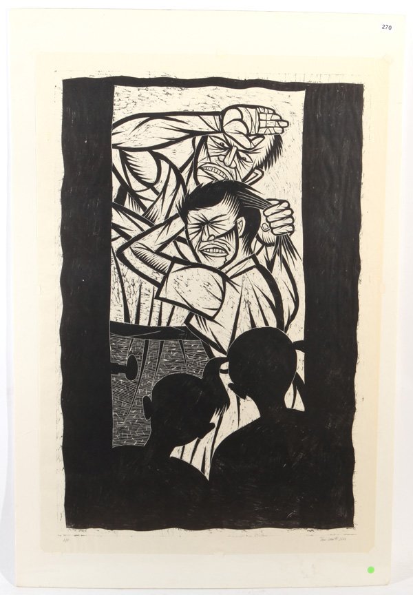 Thom Shaw: Unframed. Woodcut. "Hegemony. Hidden Fury". Size 52 x 35.5. A/P. Signed LR. 2001.