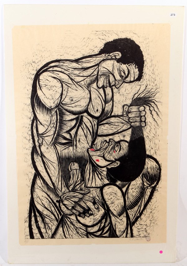 Thom Shaw: Unframed. Woodcut. "Hegemony: Hidden Fury". Size 50.5 x 35 site. A/P. Signed LR. 1995.