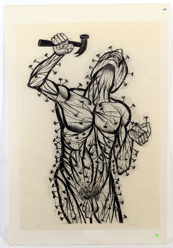 Thom Shaw: Unframed. Woodcut. Untitled. Size 51.5 x 35. Signed LR. 1997. A/P1.