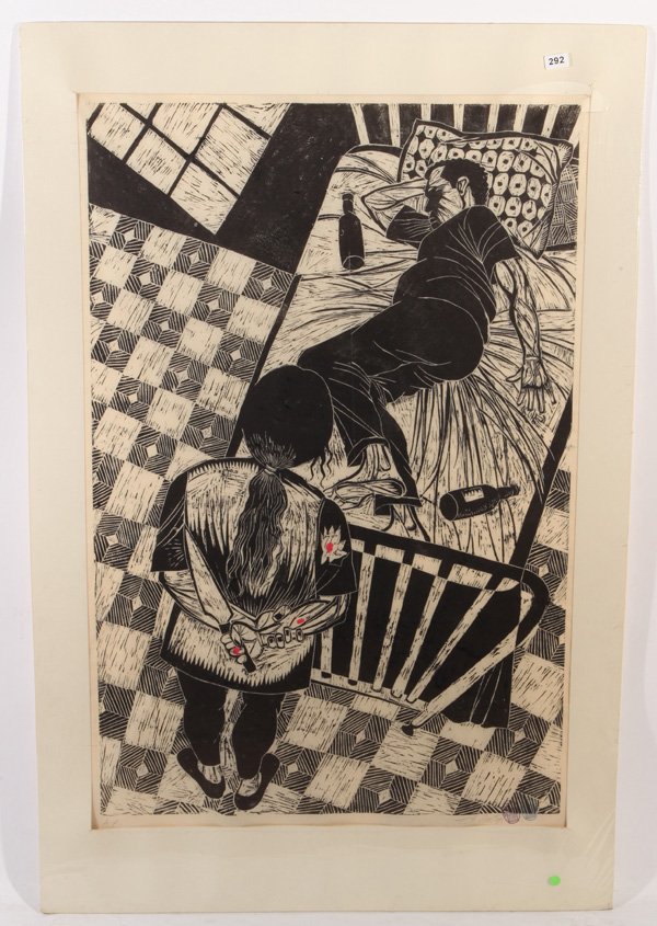Thom Shaw: Unframed. Woodcut. "Hegemony: Hidden Fury". Size 49.5 x 33 site. Signed LR. 1995. A/P