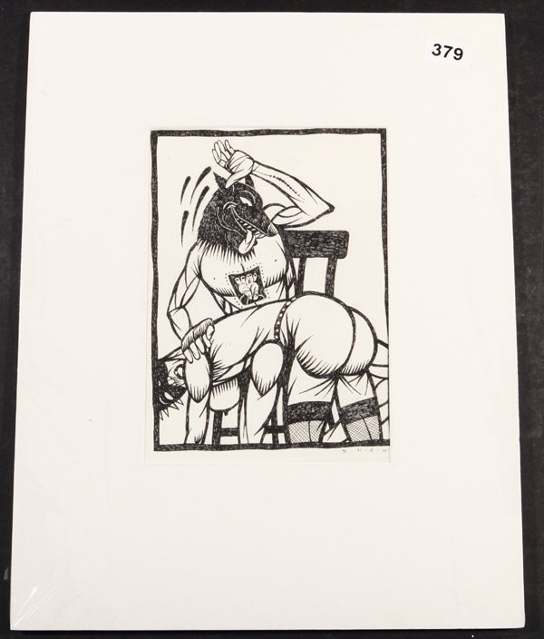 Thom Shaw: Unframed. Ink on Paper "Self Portrait: Atomic Dog, Nasty Dog # 4" 1999. Size 10 x 7.5. Signed Shaw