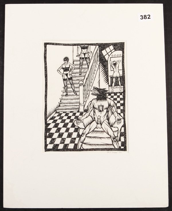 Thom Shaw: Unframed. Ink on Paper. "Self Portrait; Atomic Dog, Nasty Dog Take 25" 1999. Size 10.5 x 8 site. Signed in pencil T.E. Shaw, 1999.
