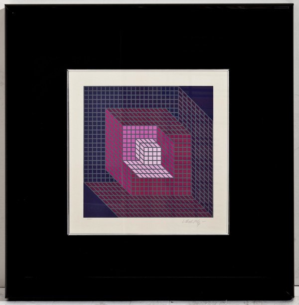 Victor Vasarely Serigraph: Serigraph on paper titled, "Axo Mett". Signed LR and numbered 123/300. Size 14.5w X 14.5h
