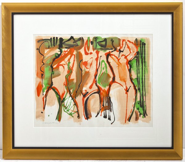 Jack Meanwell Oil: Oil on paper of three nude figures. Signed LL, size 16.5w X 22.5h
