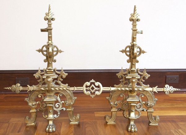 Outstanding Gothic Revival andirons with cross bar. (1 of 9)