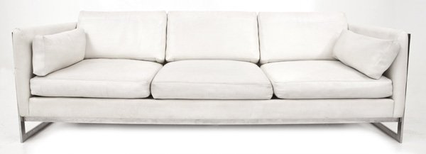 Milo Baughman Sofa: Loose cushion sofa in chrome-plated metal, vinyl. Thayer Coggin. Size 84.75l x 35d x 25h