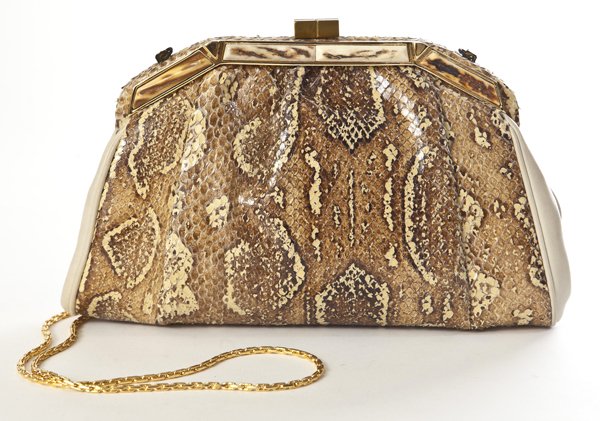 Morris Moskowitz: Morris Moskowitz, snake skin type exterior clutch, leather sides, 2 interior, 2 exterior pockets, bone decoration on bar, gold tone shoulder strap 9 1/2 x 5 3/4 x 1 1/2
