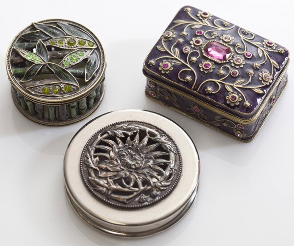 Trinket Boxes: 2 enamel and jeweled trinket boxes and plated compact. Largest 2 1/2" diameter