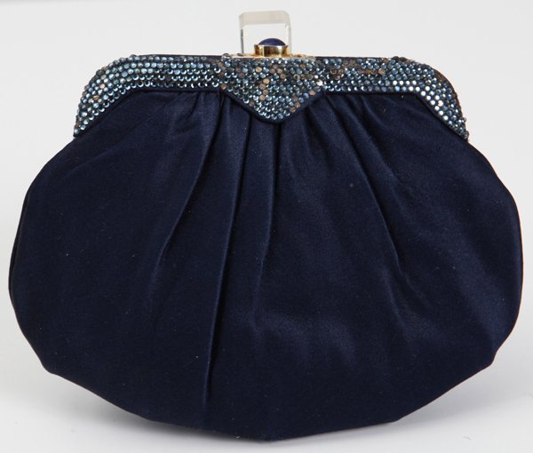 Judith Leiber: Judith Leiber, navy blue satin clutch, with jeweled clasp, includes mirror and comb