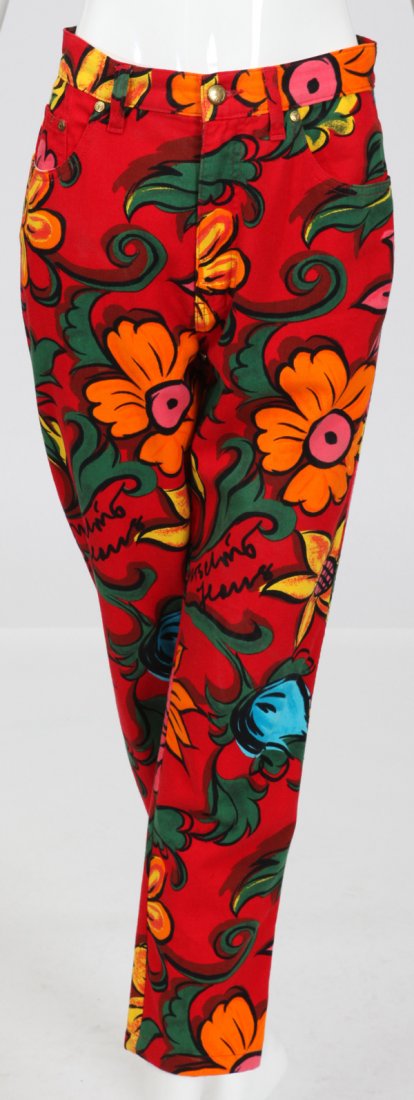 Moschino: Moschino, floral trousers zip front with peace sign emblem on pocketSize 8