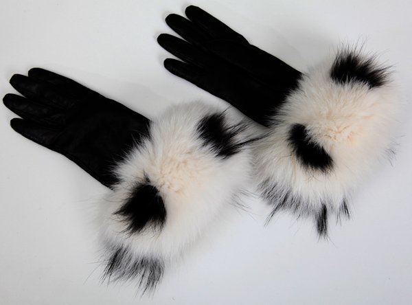 Escada Gloves: Escada black leather gloves with fur cuffs. Size small
