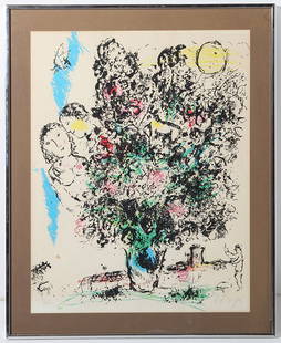 Marc Chagall Lithograph: Lithograph on paper of couple coming out of still life. Numbered 94 of 250. Signed in plate lower right. Size 25.5 x 19.5