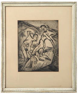 Pen and Ink, Wrestlers: Pen and ink, two nudes balancing on platform. Appears to be unsigned, 1920's. Size 9.5 X 7.75.