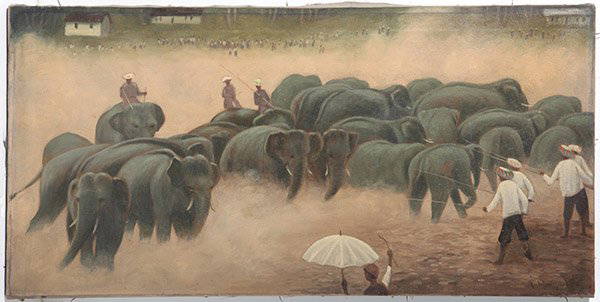 Herding Elephants Oil: Oil on canvas unframed with figures and elephants. Signed lower right, illegible. Size 20 x 40.25