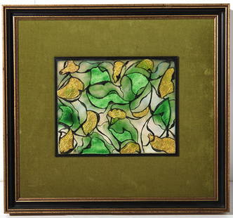 Enamel on Copper: Abstract expressionist titled, "Leaves of Gold" signed lower left , illegible. Original price $225.00 Size 8.5 x 10.5.