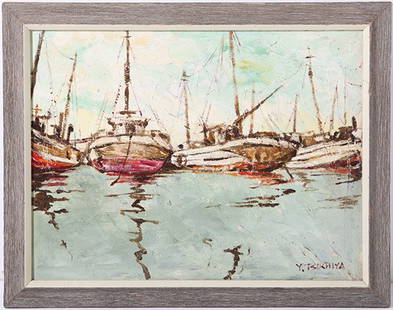 Yoshimasa Tsuchiya Oil: Early work for artist, not known for paintings. Oil on canvas of boats. Size 14 x 18.