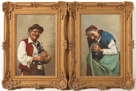 V. Maresca Oils: Two oils on canvas of elderly couple. Signed lower right, Size 15.5 x 10.