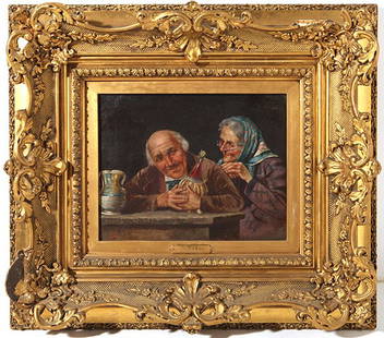 J. Tito Oil: Oil on canvas of elderly couple sitting at table. Signed lower left, Size 9.5 x 12. Minor damage to frame.