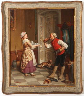 Ernst Hader Oil: Oil on canvas of gentleman shining his shoes while being waited on by woman in his home. Signed lower left, Size 26 x 21