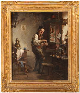 Hermann Werner Oil: Oil on canvas of man in workshop having a drink. Signed lower right, dated 1864. Housed in molded, gilt frame. Two small patches to back. 20.25 x 17.