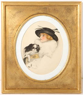 Marian Moore Watercolor: Watercolor on paper of woman in fancy hat and fox stole holding a Pekineese dog. Signed lr and dated 1916. Size 13.5 x 10.5