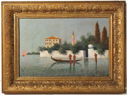 Antonio De Reyna Manescau (1858-1937): Oil on canvas of a Venice scene. Signed lower right, Size 12 x 18. Needs cleaning