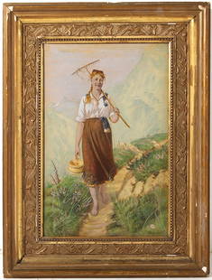 Hans-Dahl: Hand colored lithograph of woman walking through mountains. Housed in Victorian frame. Watermark lower right. Loss of gilt in corners of frame. Size 19 x 25.