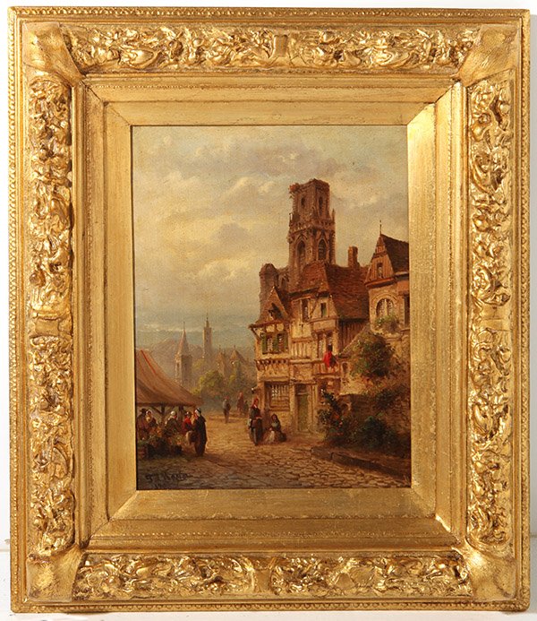Franz Rezia (1857 - 1906) Oil: Oil on canvas of market scene, housed in elaborate gold frame. Signed lower left, dated 1902. Size 16.22 x 12