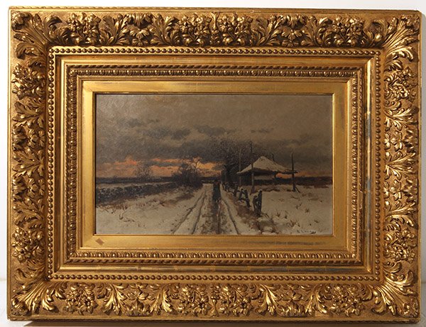 William Starbucks Macy (1853-1945) Oil: Oil on canvas titled, "Winter Sunset 1884" Signed lower right, housed in beautiful gold leaf frame with embossed flowers. Size 12 x 20.25.