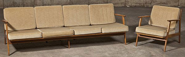 Ib Kofod Larsen (Attribution): Loose cushion sofa and chair set. Selig. oak, original mohair upholstery. Some loose straps. Size (sofa) 26.5w x 30d x 27h. Seat height 15. Chair 26.5w x 30d x 28h. Seat height 14.5.