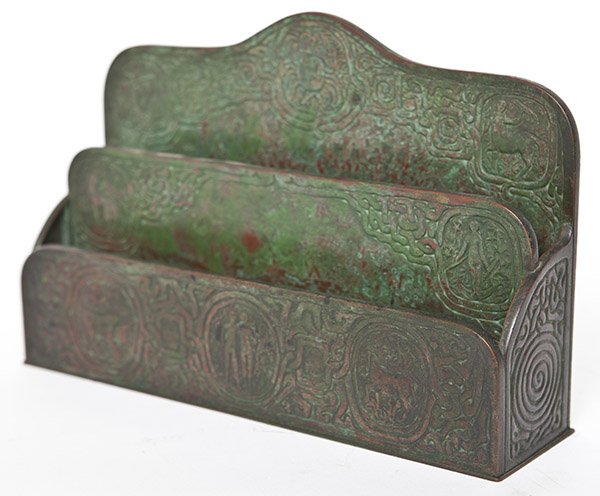 Tiffany Studios Zodiac Letter Tray: Patiniated bronze, Manufacturer mark to underside. Tiffany Studios. Size 9.25w x d x 6.25h