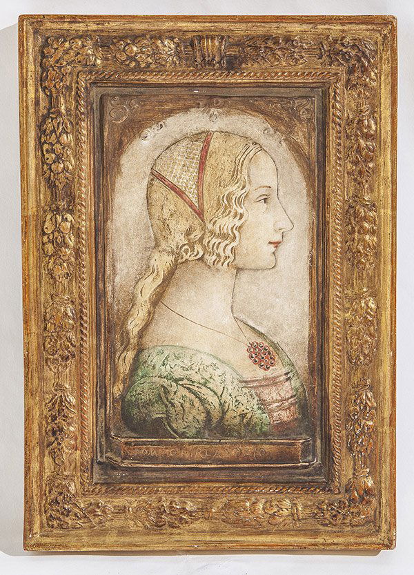After Domenico Ghirlandaio Terra Cotta Placque: Marked "Riproduzione Riservata" with impressed seal and numbers; half length relief portrait of a lady in Renaissance dress. Size 14.5 X 10.