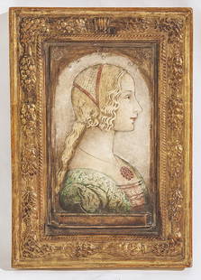 After Domenico Ghirlandaio Terra Cotta Placque: Marked "Riproduzione Riservata" with impressed seal and numbers; half length relief portrait of a lady in Renaissance dress. Size 14.5 X 10.