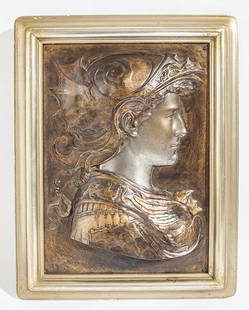 Embossed Bronze Head Plaque: Fine bronze plaque of soldier wearing helmet. Appears to be unsigned. Housed in molded gold frame. Size 19.25 x 13.5 sight, 24 x 18 Frame.