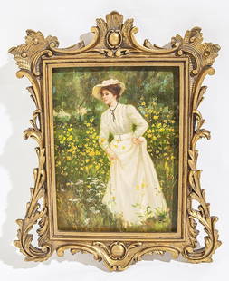 Style of John Waterhouse, Oil: Oil on board, signed J.W. LR. Housed in fine ornate gesso frame. Size 15 x 11 sight, Frame 24 x 20.