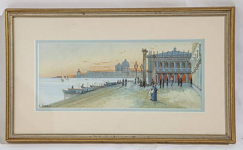 Y. Gianni (19th /20th Century) Gouache: Gouache on paper, Venice harbor scene. Great architectural detail with boats and figures. Signed lower right. Size 4.75 x 12.75 sight, Frame 10 x 18.