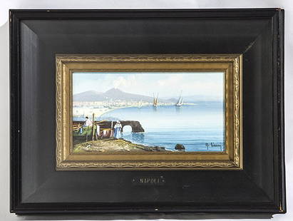 M. Gianni (19th /20th Century) Oil: Gouache on paper, titled "Napoli" Signed lower right. Housed in shadow box frame. Size 4.5 x 9 Sight, Frame 11 x 16.