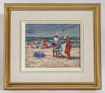 Frojeda Ojeda (20th Century) Oil: Oil on board, families at the beach. Signed lower right. Gallery label to verso. Size 8x10 sight, Frame 15 x 17.