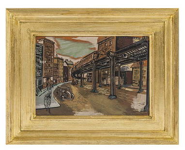 Attributed Martin Lewis (1881-1962) Oil: Oil on Masonite titled, "Sketch #15" New York street scene. Size 11.75 x 16 sight, Frame 18 x 22.