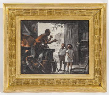 Hirsch Oil: Oil on canvas, children in blacksmith shop. Signed lower right. Size 11x14 sight, Frame 17 x 20