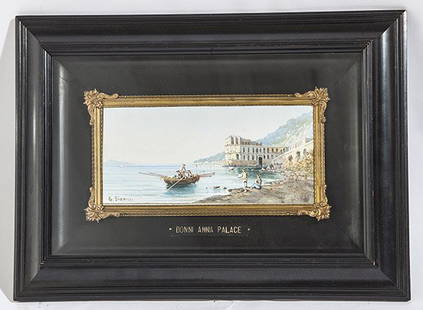 Ettore Gianni: Gouache on board, titled "Donni Anna Palace" Signed lower left, housed in shadow box frame. Size 3.75 x 8.5 Sight, Frame 16 x 11