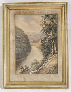 John Anthony Bartok (1938-2002) Watercolor: Watercolor on paper, river through landscape along a road. Signed lower left Size 13.5 x 10 sight, Frame 19x15