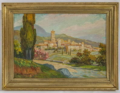 Caillol Frimont Oil: Oil on board, Village in valley. Signed lower right. Size 16.5 x 24 sight. Frame 22 x 30