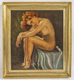 Pin Up Girl, Oil: Oil on board, red haired beauty sitting at the foot of the bed. Unsigned. Size 23 x 20 sight, 29 x 26 Frame