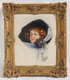 Kate Swope (Born 1879) Oil: Oil on board, Victorian lady with large bonnet. Signed LR. Housed in ornate gold frame. Kentucky artist; active in the Louisville Women's Art Club in the 1890's. Size 24 x 20 sight, Frame 33 x 29.