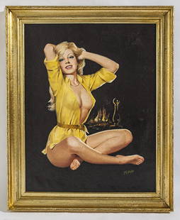 RAH Pin UP Girl: Oil on board, sexy lady wearing revealing garments. Signed LR. Housed in gold frame. Size 28 x 22 sight, Frame 33 x 24.