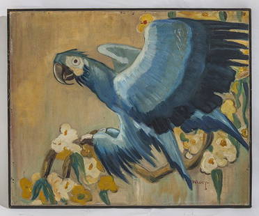 Doug Wildey (1922-1994) Oil: Oil on canvas, parrot flapping wings. Signed LR. Size 25 x 30 sight, 26 x 31 Frame. Please note well listed artist. There is no reserve so I am dropping the estimate but it is guaranteed to be