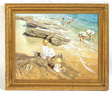 John Haskins Oil: Oil on canvas, beach scene, family day at the beach. Signed LR. Size 24 x 30 sight, Frame 31 x 37