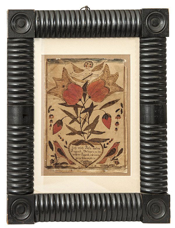 1830 Penn. Fraktur: A romantic fraktur with branching tulips springing from a heart, surrounded by a winged angle, flanked by bell flowers and birds perched on tulips. Inscription on interior of heart reading in German "