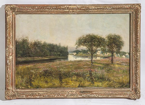 Nicholas Briganti (1861-1944) Oil: Oil on canvas, impressionistic landscape. Signed LR. Housed in distressed molded frame. Size 20.25 xx 30 sight, 25 x 34 Frame